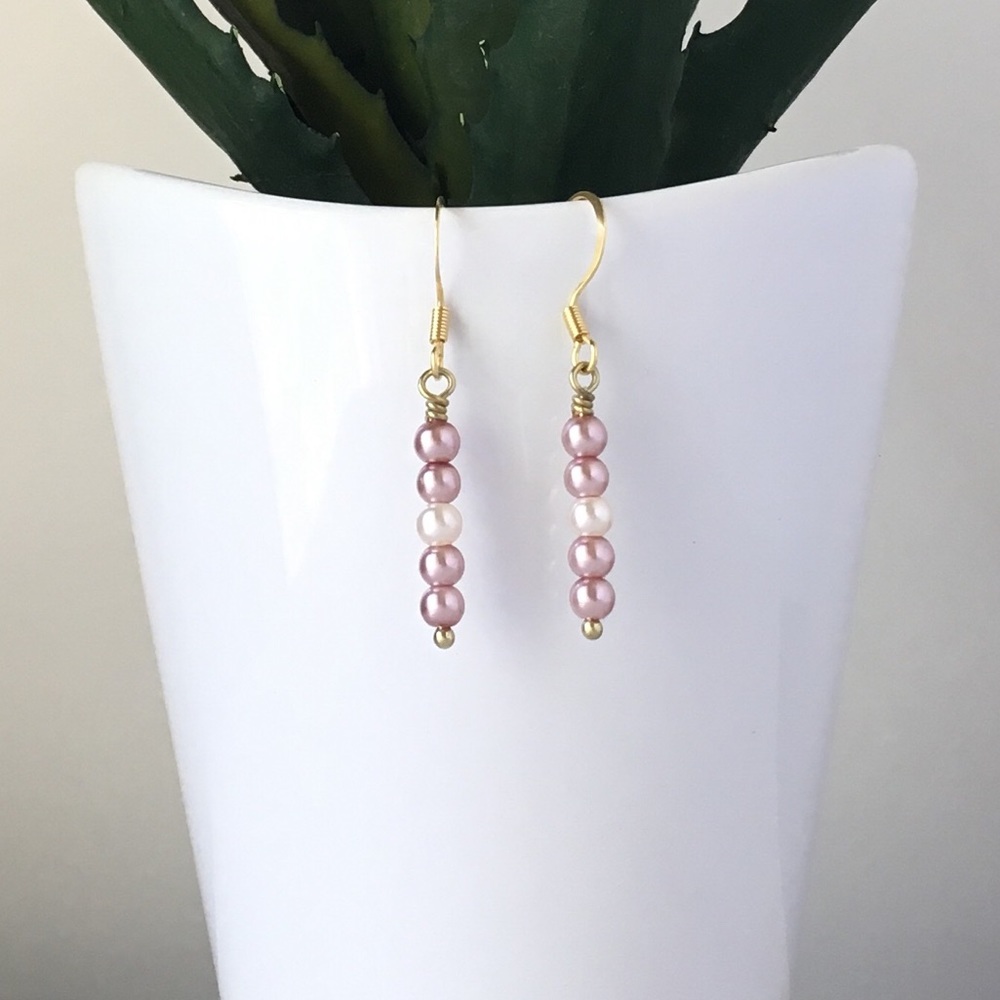 18K Gold Pink Cream 5 Pearl Bar Earrings Handmade